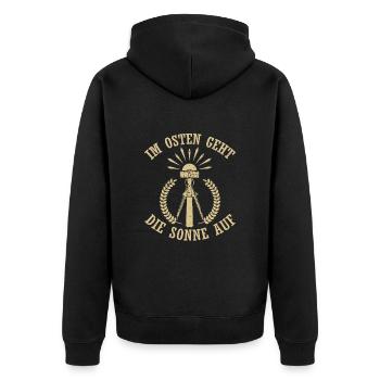 Sunrise is in the east - Unisex Premium Organic Zip Hoodie - black - Back - Nico (187cm)