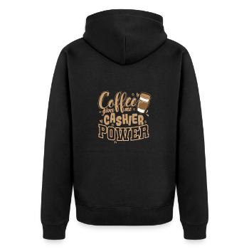 Coffee gives me Cashier Power Verkäufer - Unisex Premium Bio Zip Hoodie - Schwarz - Hinten - Nico (187cm)