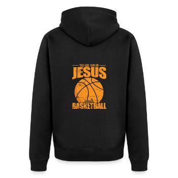 This Girl run on Jesus and Basketball - Unisex Premium Bio Zip Hoodie - Schwarz - Hinten - Nico (187cm)