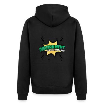 Urteilsvermögen Ist Meine Superkraft Eigenschaft - Unisex Premium Bio Zip Hoodie - Schwarz - Hinten - Nico (187cm)