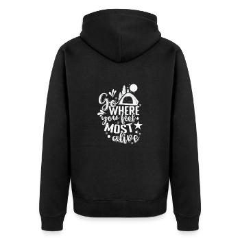 go where you feel most alive Camping Urlaub - Unisex Premium Bio Zip Hoodie - Schwarz - Hinten - Nico (187cm)
