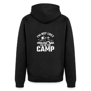 I'm not lost I'm in the Camp Urlaub Freiheit - Unisex Premium Bio Zip Hoodie - Schwarz - Hinten - Nico (187cm)