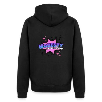 Bescheidenheit Ist Meine Superkraft Eigenschaft - Unisex Premium Bio Zip Hoodie - Schwarz - Hinten - Nico (187cm)