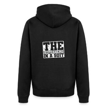 The Superhero in a Suit - Unisex Premium Bio Zip Hoodie - Schwarz - Hinten - Nico (187cm)