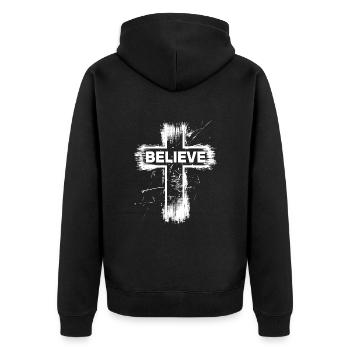 Believe Christen Kreuz Christ Religion Geschenk - Unisex Premium Bio Zip Hoodie - Schwarz - Hinten - Nico (187cm)