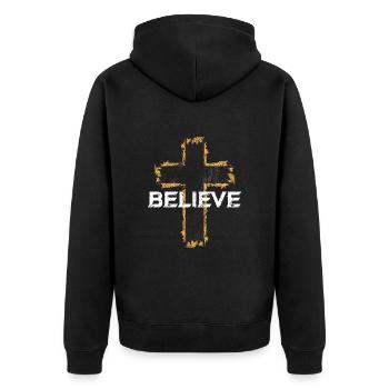 Believe Religion Kreuz Christen Christ Geschenk - Unisex Premium Bio Zip Hoodie - Schwarz - Hinten - Nico (187cm)