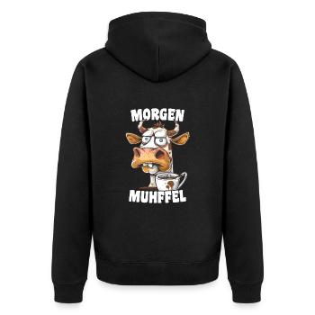 Morning Muhffel Morning Grouch Funny Coffee Cow - Unisex Premium Organic Zip Hoodie - black - Back - Nico (187cm)