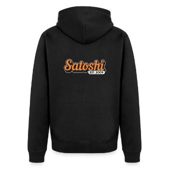 Satoshi est. 2009 | Bitcoin zum Mond Krypto - Unisex Premium Bio Zip Hoodie - Schwarz - Hinten - Nico (187cm)