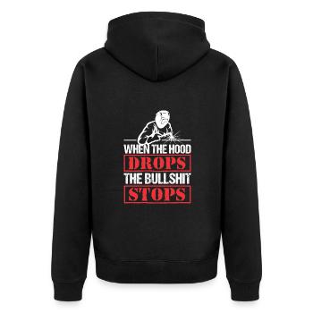Funny Welder Wenn die Haube fällt, hört der BS auf - Unisex Premium Bio Zip Hoodie - Schwarz - Hinten - Nico (187cm)