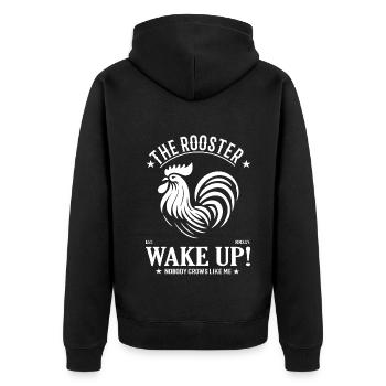 The Rooster Wake Up – Cooles Design für den Hahn - Unisex Premium Bio Zip Hoodie - Schwarz - Hinten - Nico (187cm)