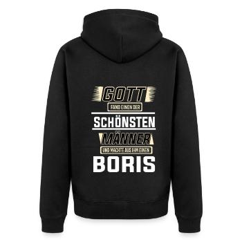 Boris the Most Beautiful Man Shaped by God Design - Unisex Premium Organic Zip Hoodie - black - Back - Nico (187cm)