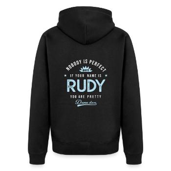 Rudy Geschenk Personalisierter Name Rudy - Unisex Premium Bio Zip Hoodie - Schwarz - Hinten - Nico (187cm)