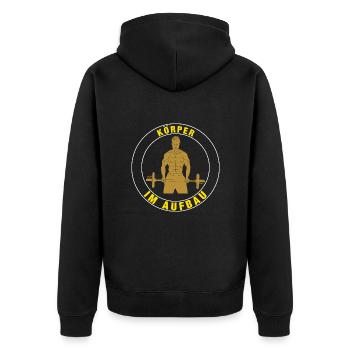 Kraftsport Gym Fitness "Körper im Aufbau" Gelb - Unisex Premium Bio Zip Hoodie - Schwarz - Hinten - Nico (187cm)