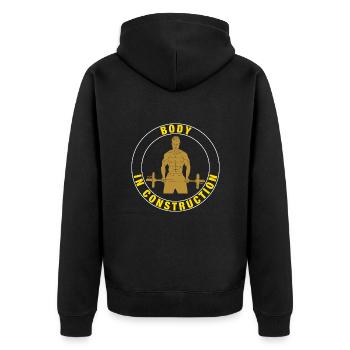 Kraftsport Gym Fitness "Körper im Aufbau" Gelb - Unisex Premium Bio Zip Hoodie - Schwarz - Hinten - Nico (187cm)