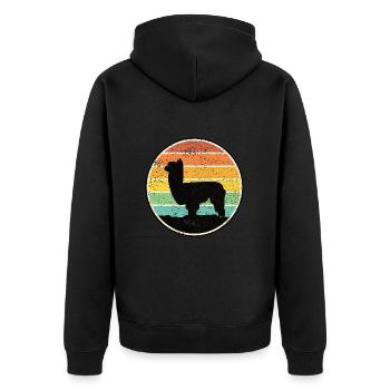 Alpaka Silhouette vor Sonnenuntergang - Unisex Premium Bio Zip Hoodie - Schwarz - Hinten - Nico (187cm)