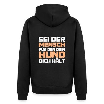 Spruch - Sei der Mensch für den dein Hund - Unisex Premium Bio Zip Hoodie - Schwarz - Hinten - Nico (187cm)