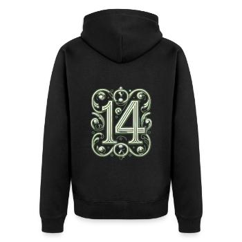 Elegantes, verziertes Design der Zahl 14 - Unisex Premium Bio Zip Hoodie - Schwarz - Hinten - Nico (187cm)