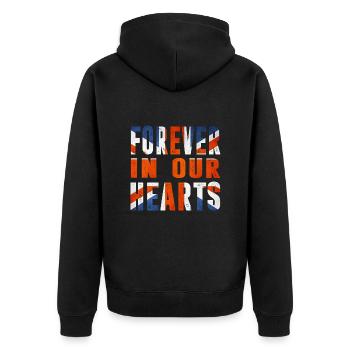 Queen Elizabeth - Forever in our hearts - Unisex Premium Bio Zip Hoodie - Schwarz - Hinten - Nico (187cm)