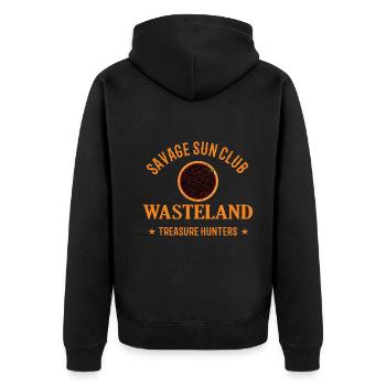 Savage Sun Club Wasteland Treasure Hunters Design - Unisex Premium Bio Zip Hoodie - Schwarz - Hinten - Nico (187cm)