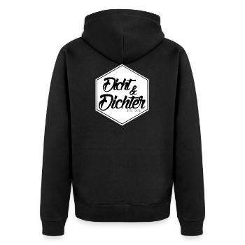 DICHT & DICHTER Support Geschenk Logo - Unisex Premium Bio Zip Hoodie - Schwarz - Hinten - Nico (187cm)