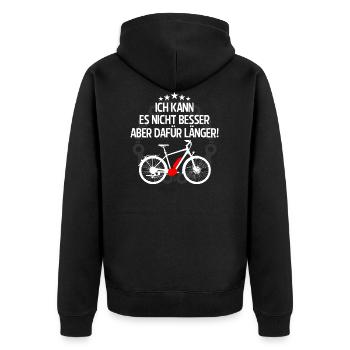 ICH KANN ES NICHT BESSER ABER DAFÜR LÄNGER Ebike - Unisex Premium Bio Zip Hoodie - Schwarz - Hinten - Nico (187cm)