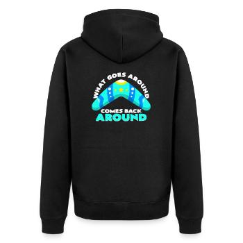 What Goes Around Comes Back Bumerang Geschenkidee - Unisex Premium Bio Zip Hoodie - Schwarz - Hinten - Nico (187cm)