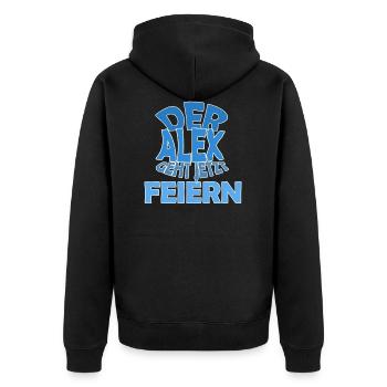 Alex geht Feiern - Unisex Premium Bio Zip Hoodie - Schwarz - Hinten - Nico (187cm)