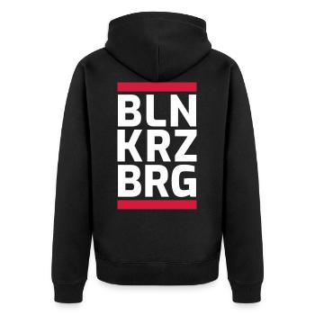 Berlin Kreuzberg Logo Design rot/weis - Unisex Premium Bio Zip Hoodie - Schwarz - Hinten - Nico (187cm)