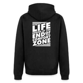 Life Begins At The End Of Your Comfort Zone - Unisex Premium Bio Zip Hoodie - Schwarz - Hinten - Nico (187cm)