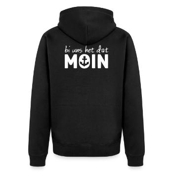 bi uns het dat MOIN weiss - Unisex Premium Bio Zip Hoodie - Schwarz - Hinten - Nico (187cm)