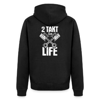 2 Takt for Life DDR Moped Kolben Oldschool - Unisex Premium Bio Zip Hoodie - Schwarz - Hinten - Nico (187cm)