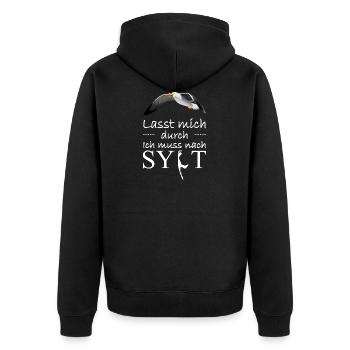 Lasst mich durch! Ich muss nach Sylt! Möwe - Unisex Premium Bio Zip Hoodie - Schwarz - Hinten - Nico (187cm)