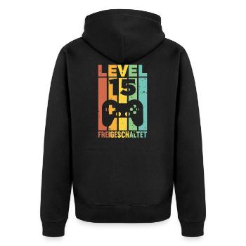 15. Geburtstag Zocker Retro Level 15 Jahre - Unisex Premium Bio Zip Hoodie - Schwarz - Hinten - Nico (187cm)