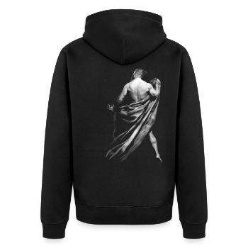 Mann hinter Gewand. - Unisex Premium Bio Zip Hoodie - Schwarz - Hinten - Nico (187cm)