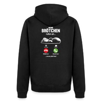 Meine Brötchen rufen an lustiges Bäcker Spruch - Unisex Premium Bio Zip Hoodie - Schwarz - Hinten - Nico (187cm)