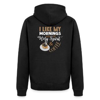 Kaffee am Morgen Heiliger Geist Frieden Ruhe - Unisex Premium Bio Zip Hoodie - Schwarz - Hinten - Nico (187cm)