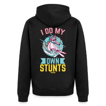 I Do My Own Stunts Unicorn - Unisex Premium Bio Zip Hoodie - Schwarz - Hinten - Nico (187cm)