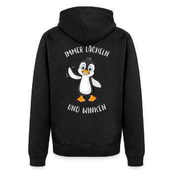 Pinguin Lächeln und winken Spruch Geschenk Idee - Unisex Premium Bio Zip Hoodie - Schwarz - Hinten - Nico (187cm)