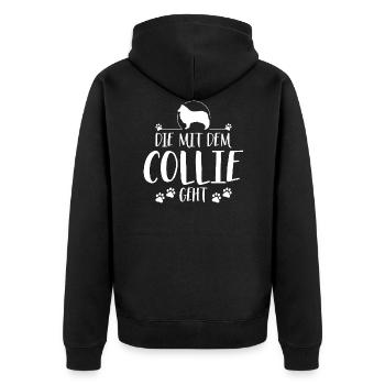 DIE MIT COLLIE Langhaar GEHT Hundespruch Wilsigns - Unisex Premium Bio Zip Hoodie - Schwarz - Hinten - Nico (187cm)