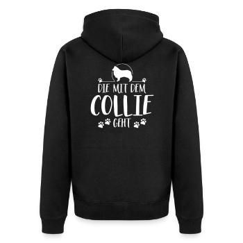 DIE MIT COLLIE Langhaar GEHT Hundespruch Wilsigns - Unisex Premium Bio Zip Hoodie - Schwarz - Hinten - Nico (187cm)