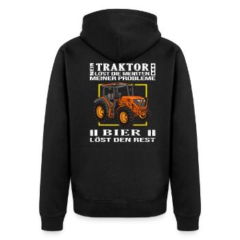 traktor ernte bauer fährt trecker trinkt bier - Unisex Premium Bio Zip Hoodie - Schwarz - Hinten - Nico (187cm)