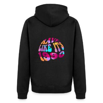 Rave like its 1990 - Unisex Premium Bio Zip Hoodie - Schwarz - Hinten - Nico (187cm)
