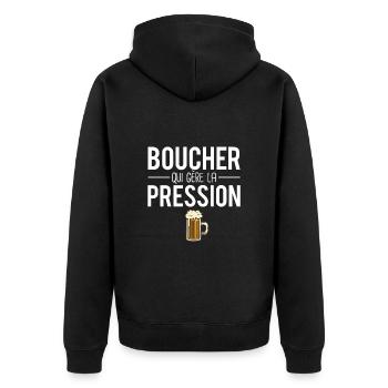 Boucher qui gère la pression métier bière humour - Veste à capuche bio Premium Unisexe - noir - Dos - Nico (187cm)