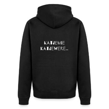 Katjemie Kätzchen. Westflämisches Dialekthemd - Unisex Premium Bio Zip Hoodie - Schwarz - Hinten - Nico (187cm)