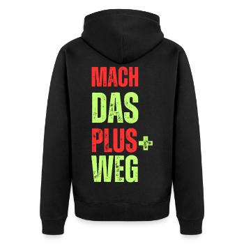 Motivierendes Druckmotiv Plus Weg - Unisex Premium Bio Zip Hoodie - Schwarz - Hinten - Nico (187cm)
