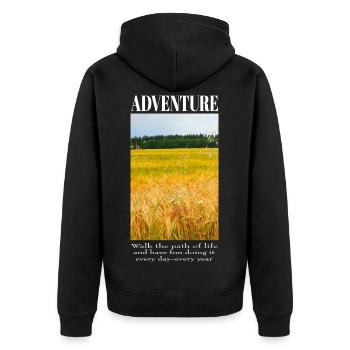 Abenteuer im Weizenfeld - Unisex Premium Bio Zip Hoodie - Schwarz - Hinten - Nico (187cm)
