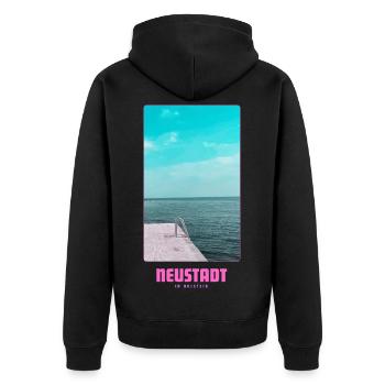 Neustadt in Holstein _ Ostsee  - Unisex Premium Bio Zip Hoodie - Schwarz - Hinten - Nico (187cm)
