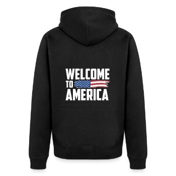Welcome to America - Unisex Premium Organic Zip Hoodie - black - Back - Nico (187cm)