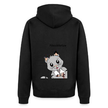 "Naschkatze" - Katze beim Frühstücken - Unisex Premium Bio Zip Hoodie - Schwarz - Hinten - Nico (187cm)