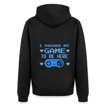 Gamer Sprüche - Ich habe mein Spiel pausiert - Unisex Premium Bio Zip Hoodie - Schwarz - Hinten - Nico (187cm)